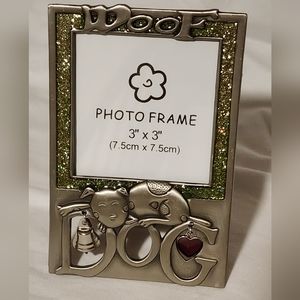 "Woof" Metal Photo Frame With Green Sparkle Accent Border for Dog, 3x3